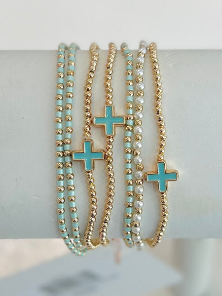Set of Seven Beaded Stretch Bracelets - Blue