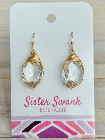 Wire Wrapped Glass Crystal Drop Earrings - Clear