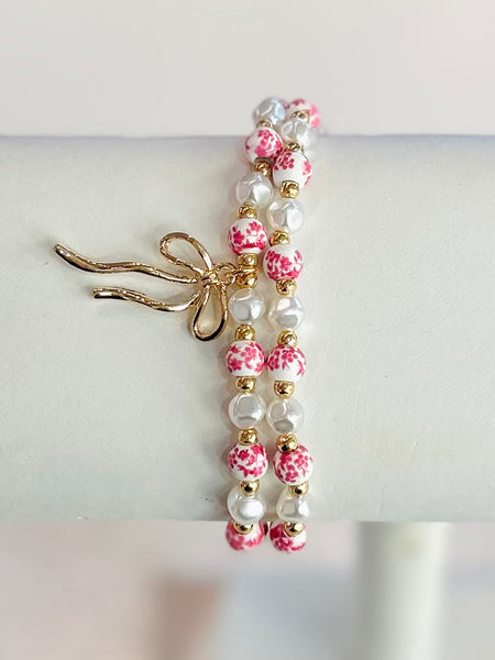 Pearl & Bow Bracelet Set - Pink