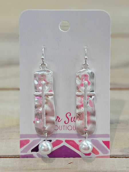 Pearl & Cross Drop Earrings - Silver