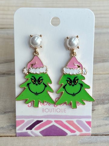 Grinch Christmas Tree Earrings - Pink