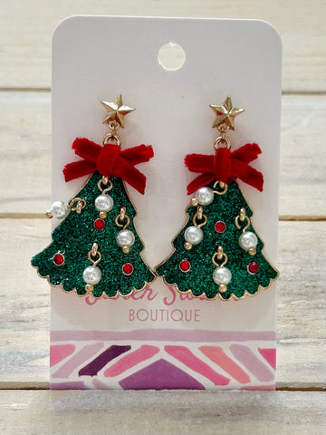 Glitter Christmas Tree Drop Earrings - Green