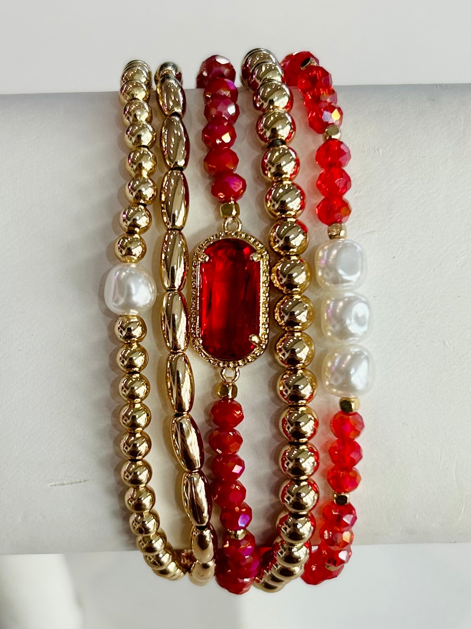 Glass Crystal Beaded Stretch Bracelet Set - Red
