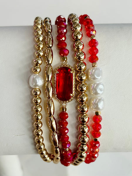 Glass Crystal Beaded Stretch Bracelet Set - Red