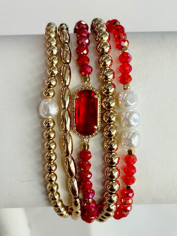 Glass Crystal Beaded Stretch Bracelet Set - Red
