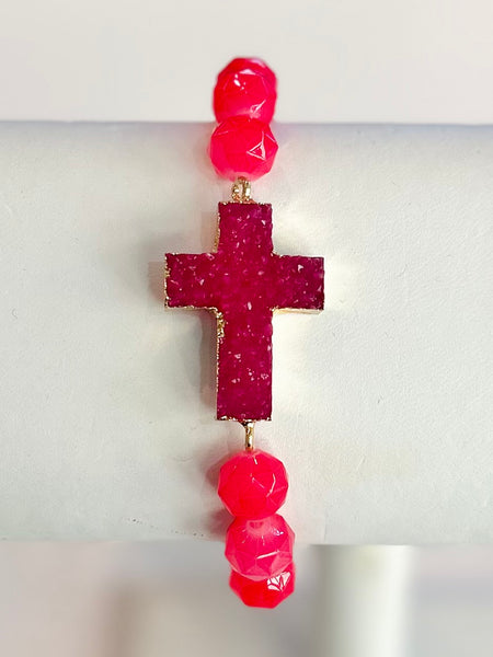 Crystal Cross Beaded Stretch Bracelet - Fuchsia