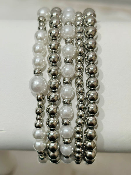 Set Of Five Beaded Stretch Bracelets - Silver