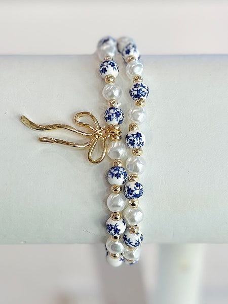 Pearl & Bow Bracelet Set - Blue