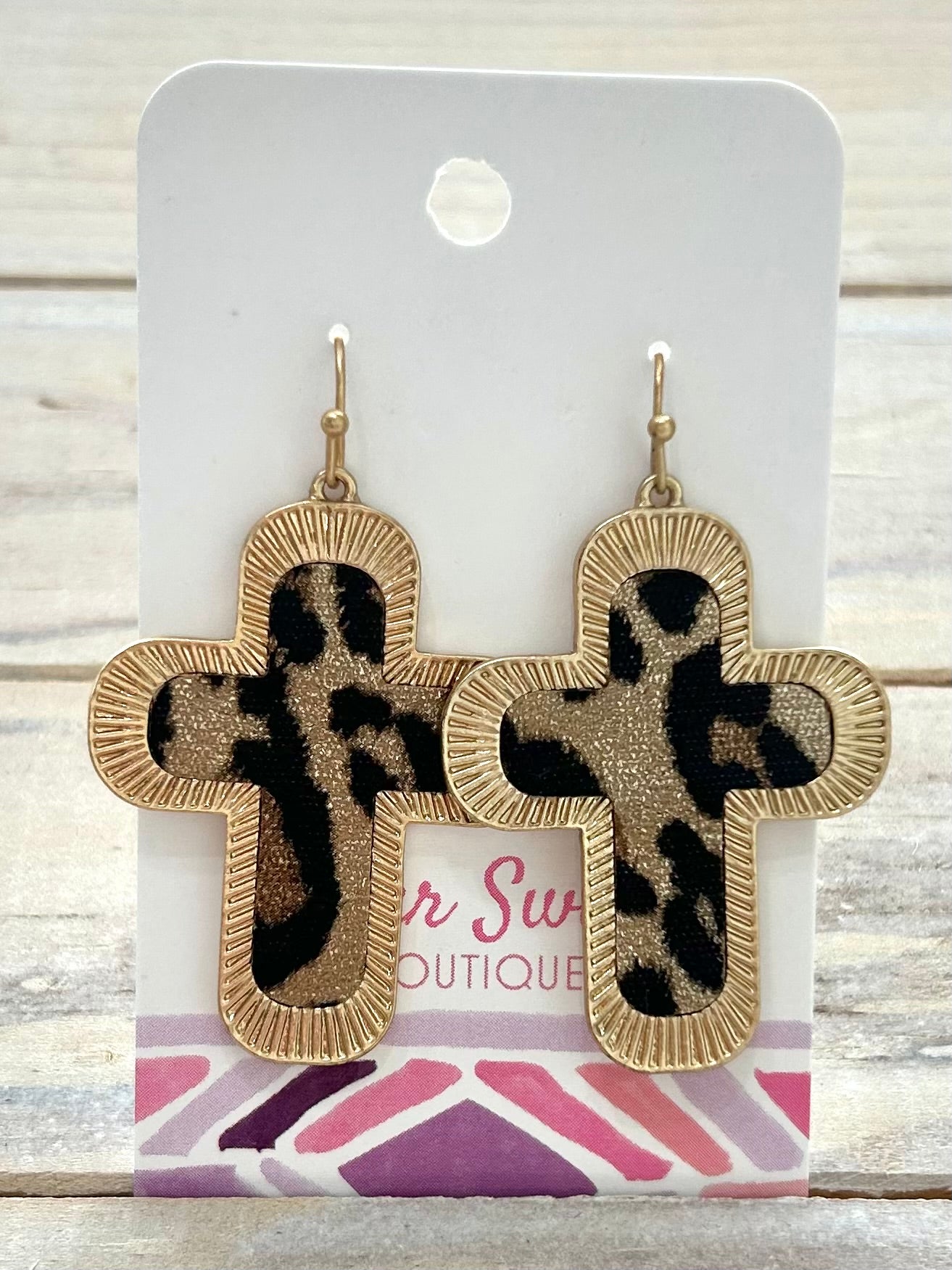 Golden Grace Cross Earrings - Leopard