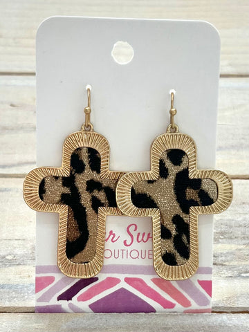 Golden Grace Cross Earrings - Leopard