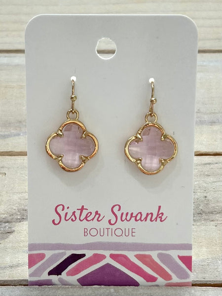 Glass Crystal Clover Drop Earrings - Pink