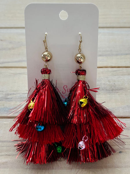 Christmas Tassel Layered Dangle Earrings - Red