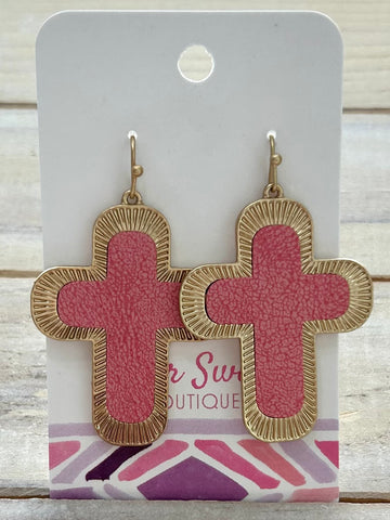 Golden Grace Cross Earrings - Pink