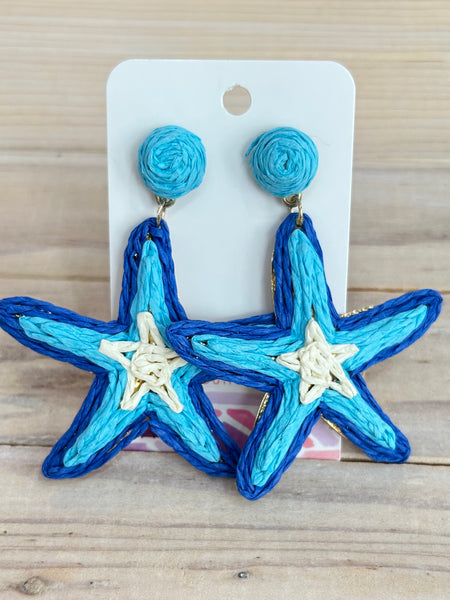 Seaside Raffia Star Drop Earrings - Blue