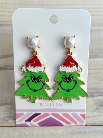 Grinch Christmas Tree Earrings - Red