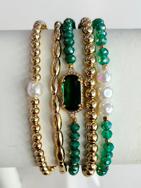 Glass Crystal Beaded Stretch Bracelet Set - Green