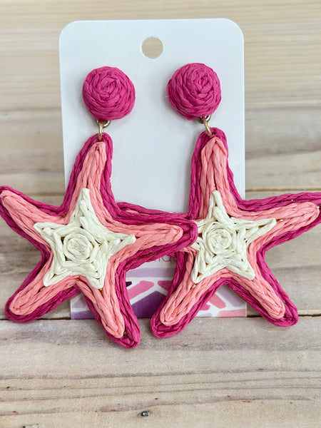 Seaside Raffia Star Drop Earrings - Pink