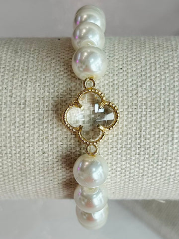 Clover & Pearl Beaded Stretch Bracelet - Gold