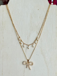 Pearl Bow Pendant Layered Necklace - Gold