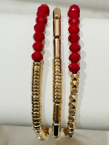 Beaded Stretch Bracelet Set - Red