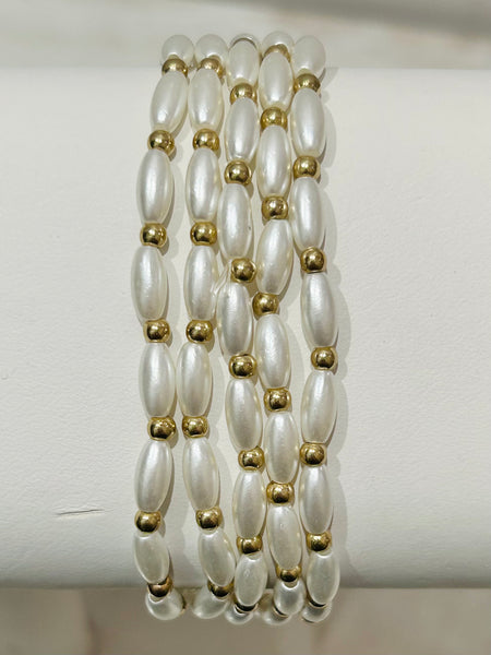 Set Of Five Bead Stretch Bracelets - Pearl/Gold