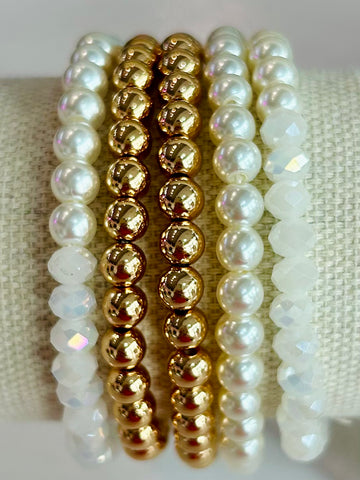 Set of Five Beaded Stretch Bracelets - White