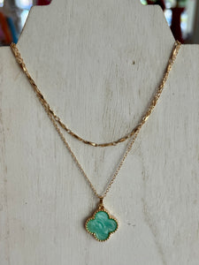 Layered Necklace Featuring Clover Station - Mint