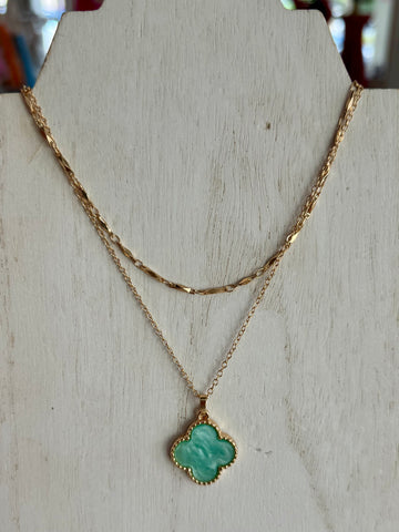 Layered Necklace Featuring Clover Station - Mint