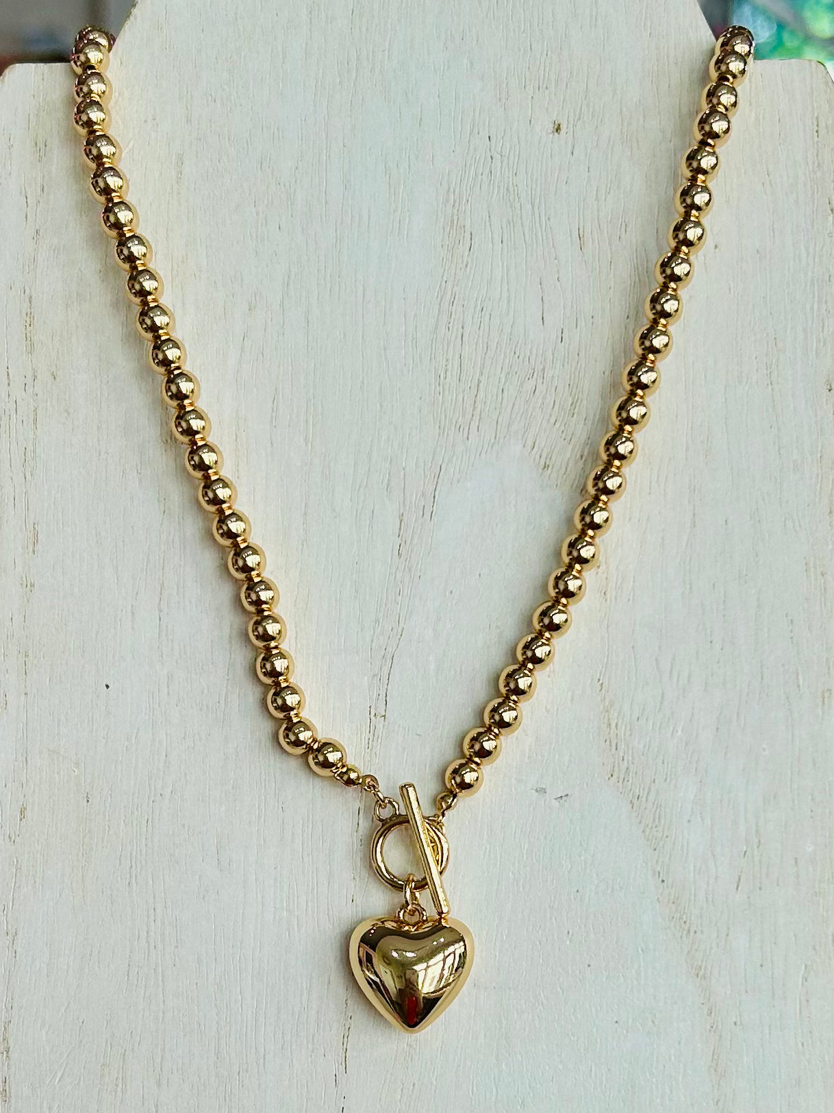 Puffy Heart Beaded Necklace - Gold