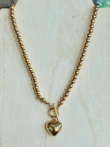 Puffy Heart Beaded Necklace - Gold