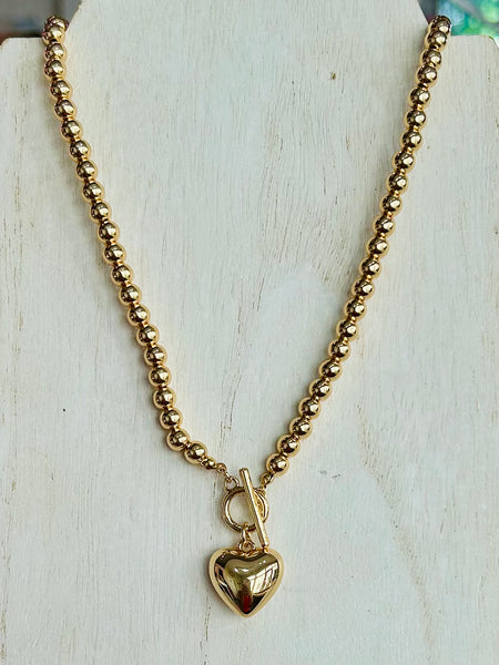 Puffy Heart Beaded Necklace - Gold