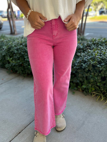 Acid Washed Wide-Leg Pants - Pink