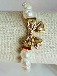 Gold Bow & Pearl Beaded Stretch Bracelet