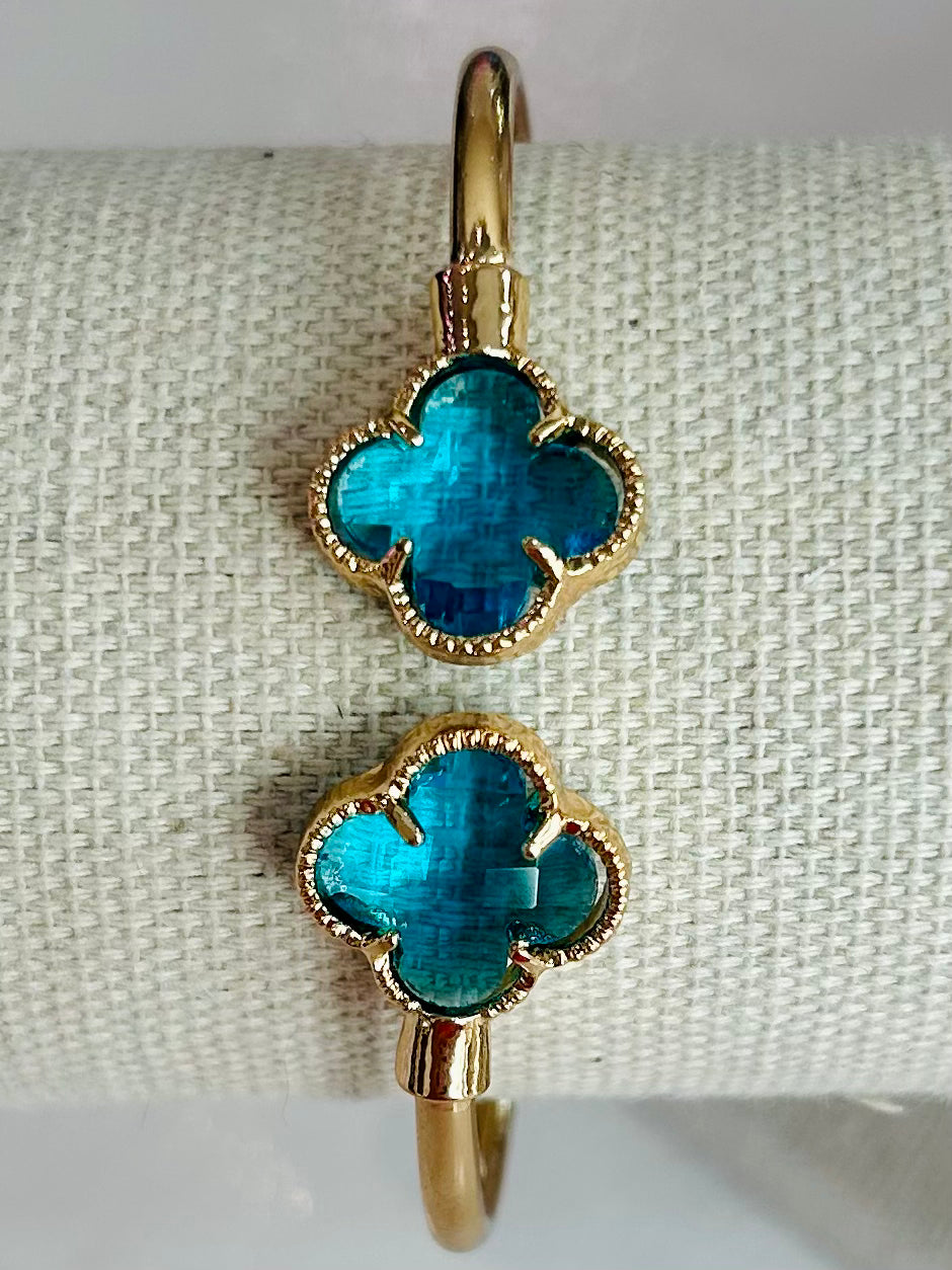 Metal Cuff Clover Bracelet - Blue