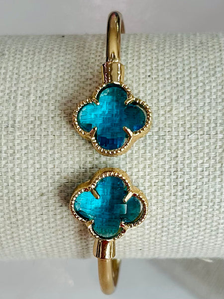 Metal Cuff Clover Bracelet - Blue