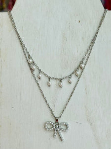 Pearl Bow Pendant Layered Necklace - Silver
