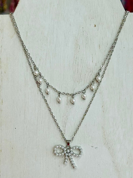 Pearl Bow Pendant Layered Necklace - Silver