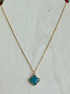 Dainty Crystal Clover Pendant Necklace - Turquoise