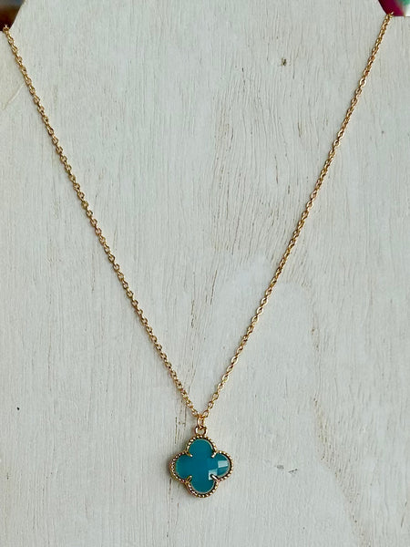 Dainty Crystal Clover Pendant Necklace - Turquoise