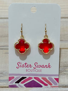 Glass Crystal Clover Drop Earrings - Red