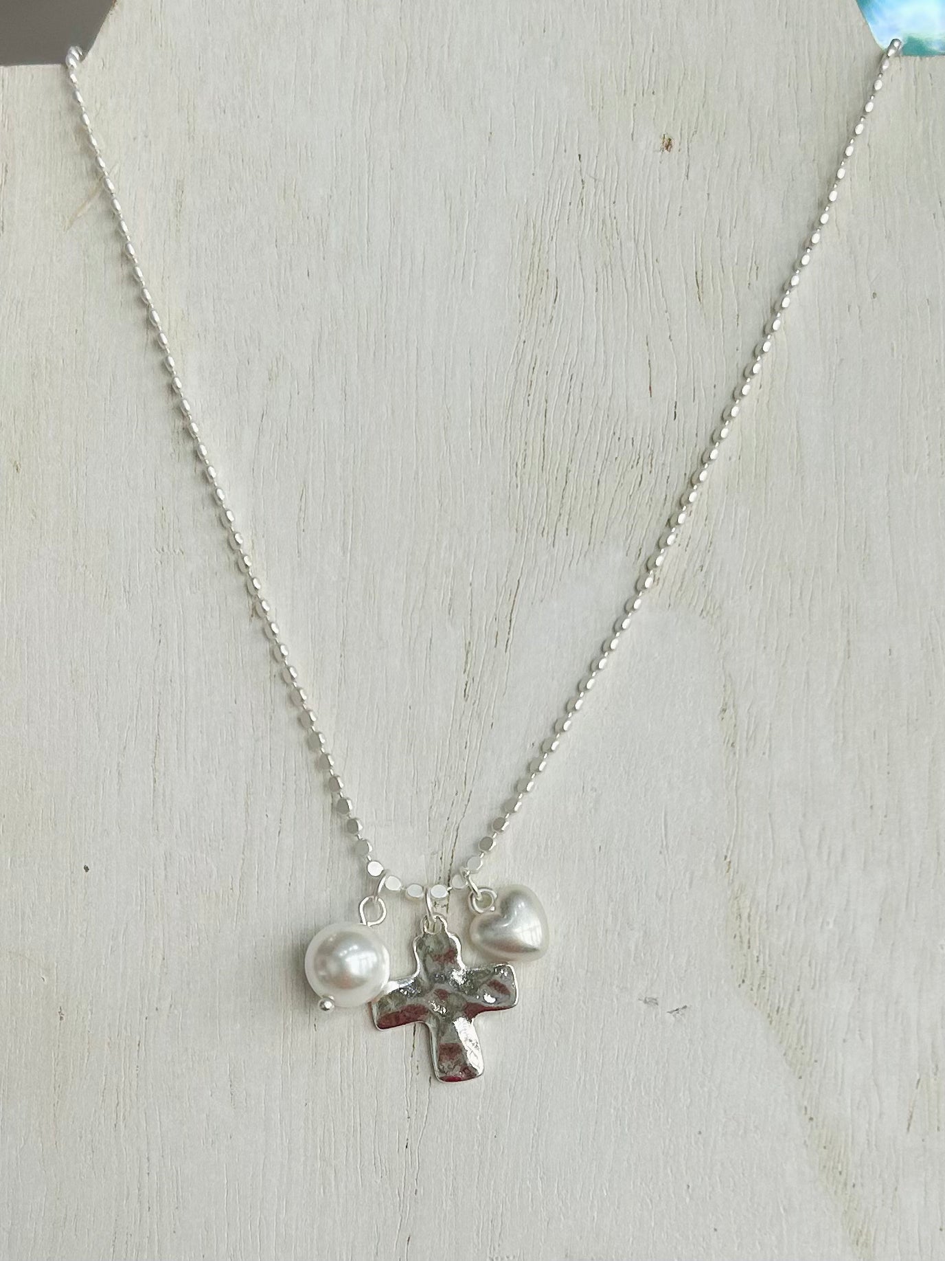 Cross, Heart, & Pearl Pendant Necklace - Silver