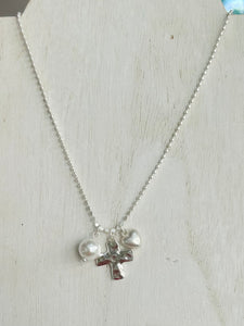 Cross, Heart, & Pearl Pendant Necklace - Silver