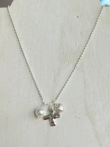 Cross, Heart, & Pearl Pendant Necklace - Silver