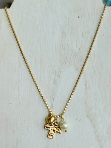 Cross, Heart, & Pearl Pendant Necklace - Gold