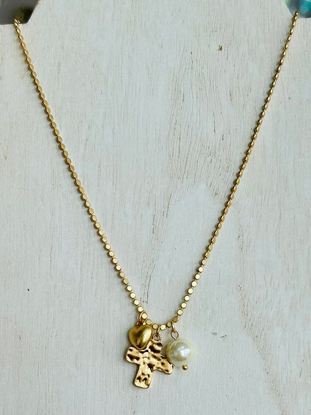 Cross, Heart, & Pearl Pendant Necklace - Gold