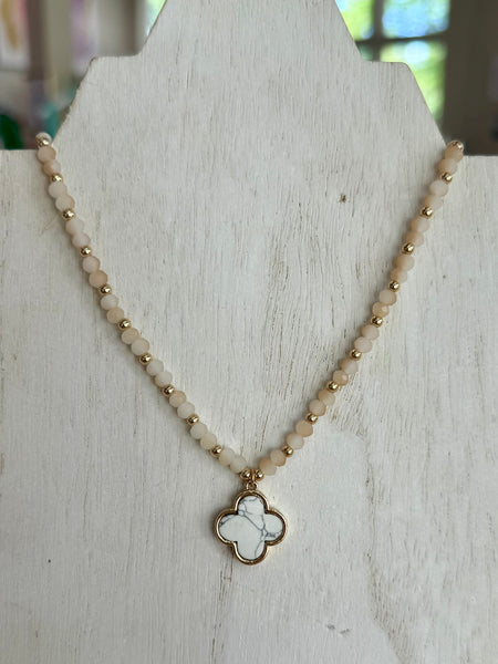 Beaded Stone Necklace With Clover Charm