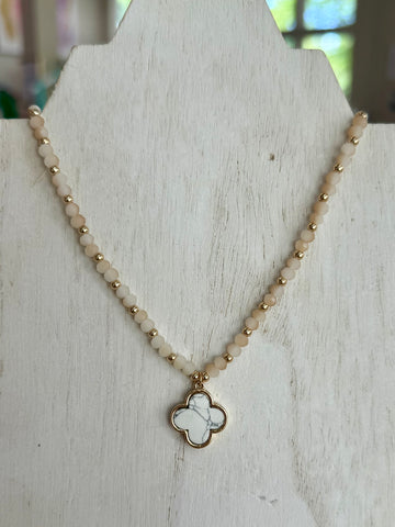 Beaded Stone Necklace With Clover Charm