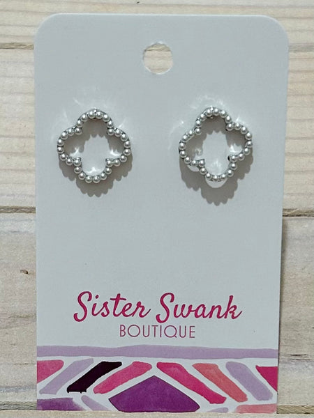 Pearl Studded Hollow Clover Stud Earrings - Silver