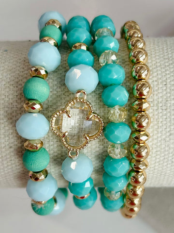 Clover Beaded Stretch Bracelet Set - Mint