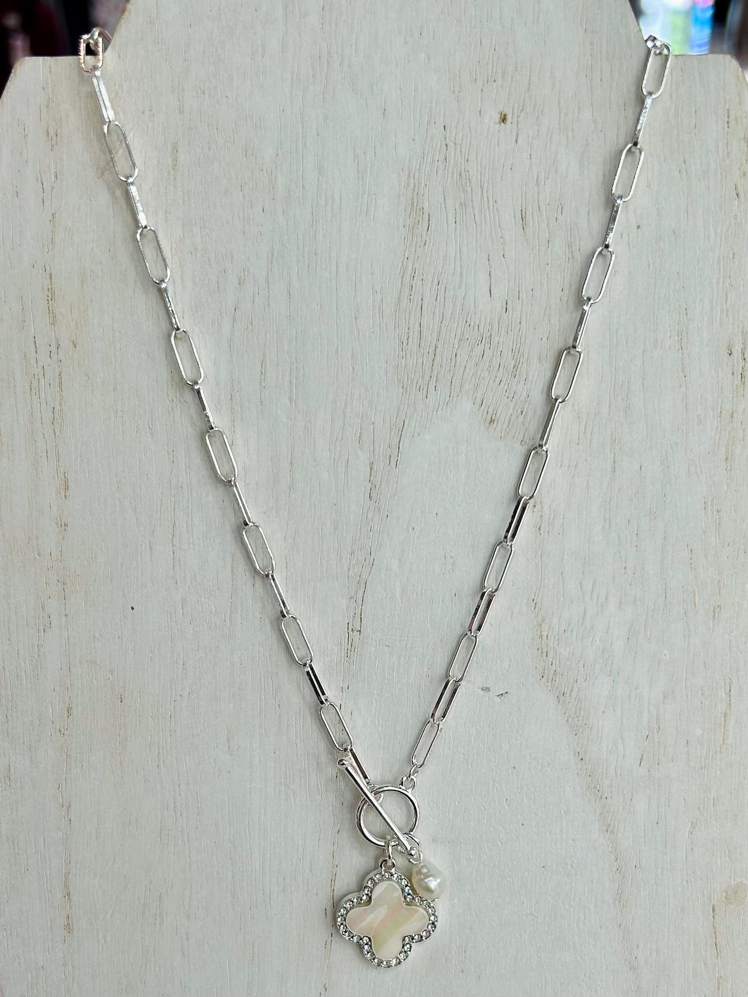 Paperclip Toggle Necklace with Clover Pendant - Silver